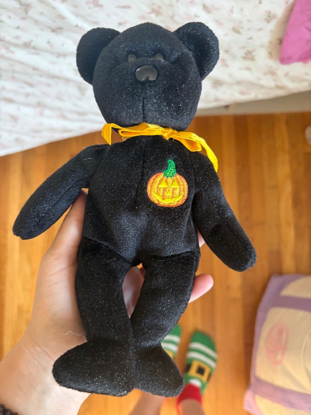Ty Beanie Baby Haunt The Bear Halloween Black Glitter Pumpkin Plush 2004 A08